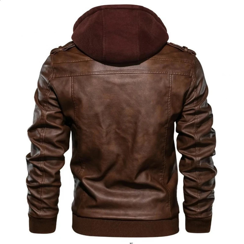 APPEARWAY Spring Antumn Men Brown Leather Motorcycle Jacket With Removable Hooded Male PU Coat EU Size High Quality 240930