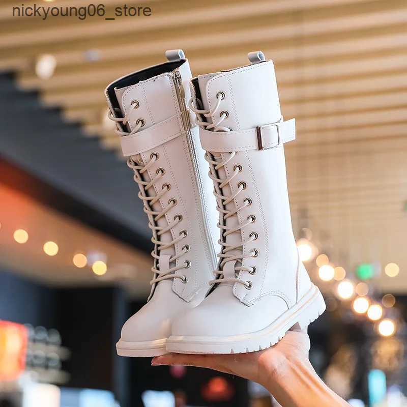 Boots Girls Boots 2023 Autumn New Fashion Leather Knee-length Long Boots Princess High Top Kids Shoes Casual Children Cotton Boots L240910