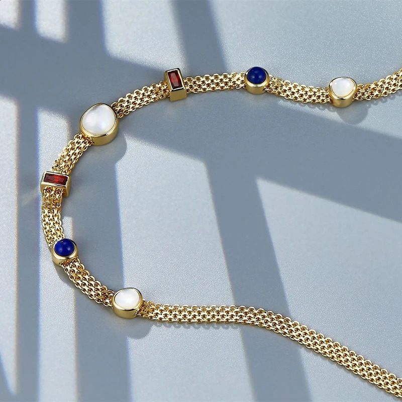 Natural lapis lazuli white shell 925 silver gold-plated pendant necklace for women zircon French necklace 240925