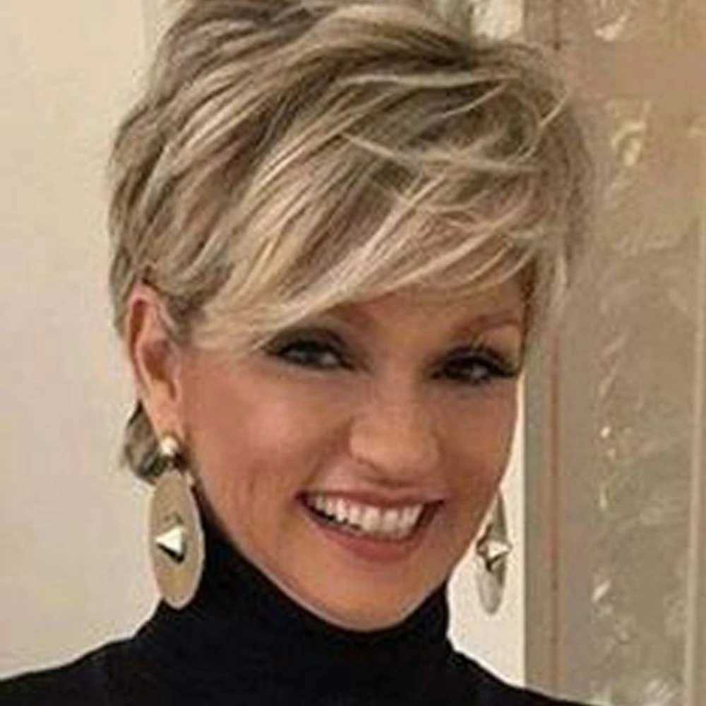 Short Wig Brown Mixed Blonde Synthetic Wigs Straight For Women Hair With Bangs Hair Breathable Rose Mesh Daily Party Cosplay UseXJ241008