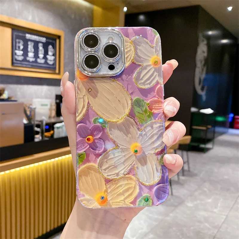 Luxury Fashion Purple Flowers Laser Phone Case For iPhone 16 Pro Max 15 14 13 12 11 Glitter Diamond Soft Shockproof Bumper Cover Z250122