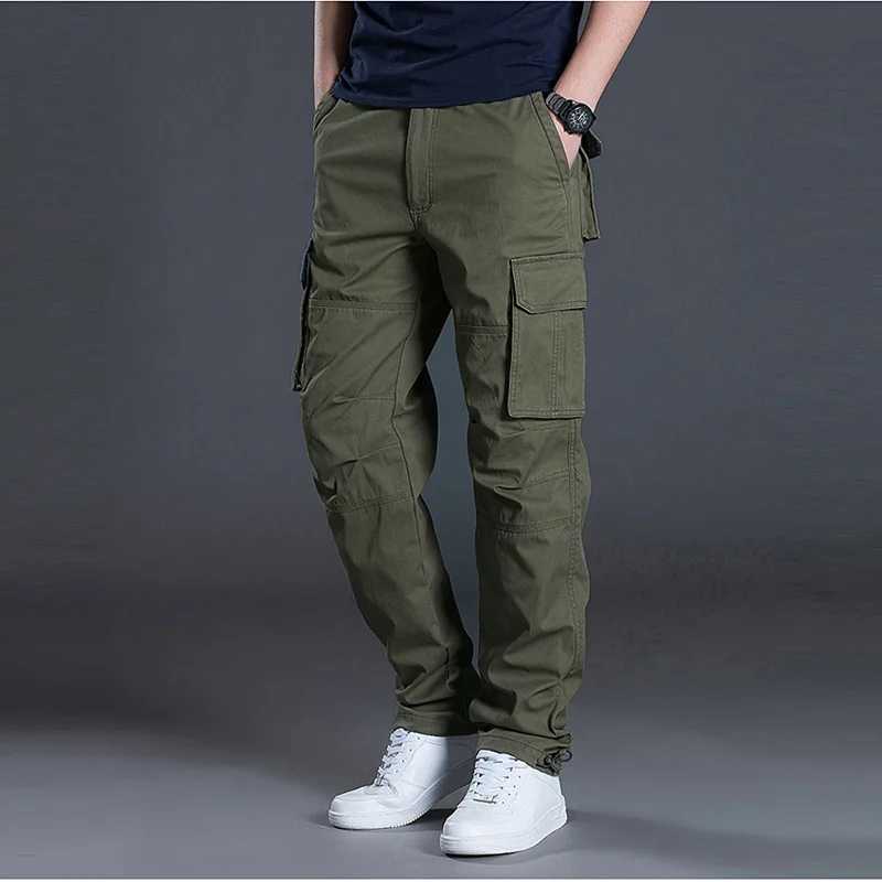 Large Pocket Loose Overalls Mens Outdoor Sports Jogging Tactical Pants Elastic Waist Pure Cotton Casual Work PantsX241008
