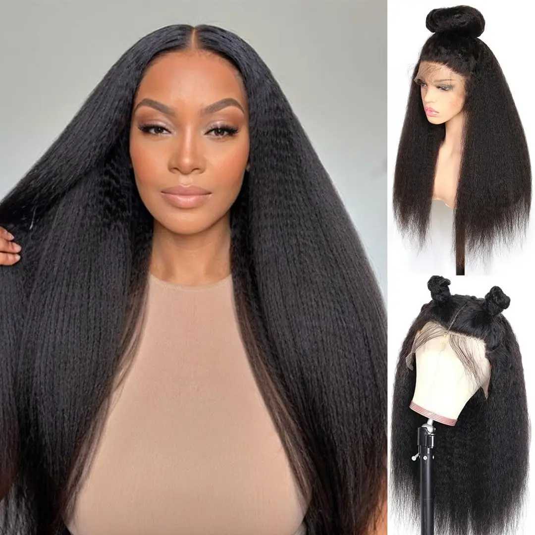 200 Full Density Kinky Straight Lace Front Human Hair Wig 13x6 Hd Transparent 4c Edges Lace Frontal Yaki Straight Wig For WomenXJ241008