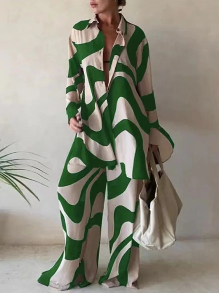 Women set Autumn Long Sleeve Lapel Printed Casual Fashion Elegant Beach Loose Wide Legs Trousers Ladies Two Piece Suits MsChuh 241007