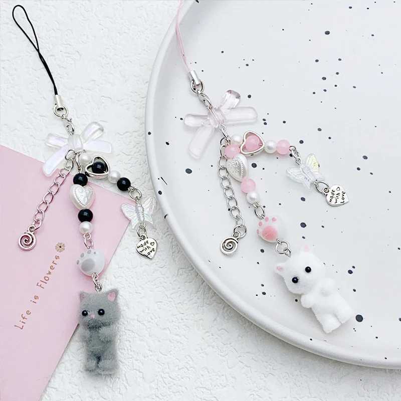 Cute Creative Keychain Pendant Fashion Minimalist Bowknot Flocking Cat Phone Strap Sweet Phone Lanyard Bag Decoration GiftsX241008