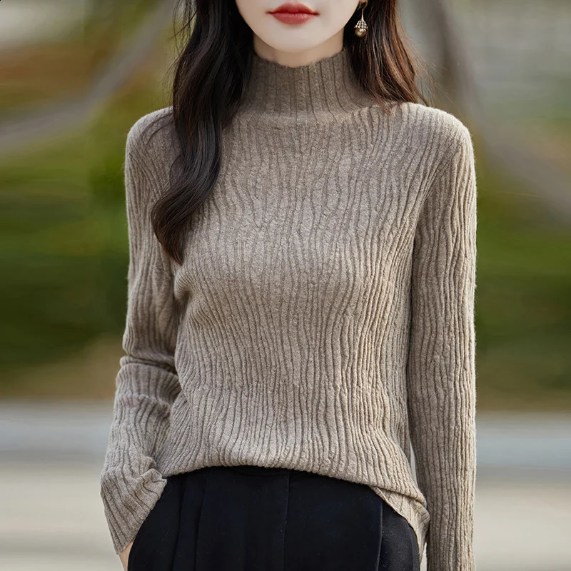 Turtleneck Sweater Womens Long Sleeve Knitted Fashion Agent Stripe Ultra Thin Autumn Winter Plain Collar Zipper 241007