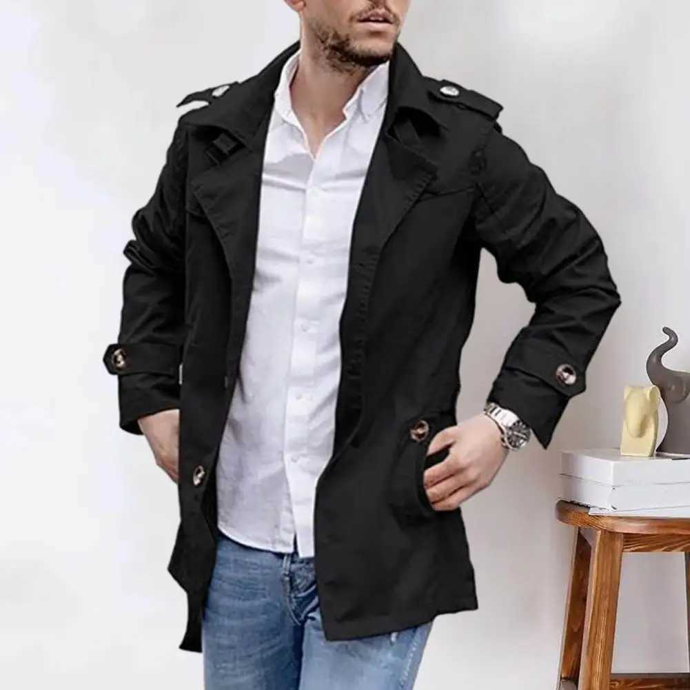 Mens Trench Coat Regular Fit Jacket Fashionable Mens Medium Length Trench Coat Windproof Casual Street Wear Jacket with Collar Suitable for Autumn W24