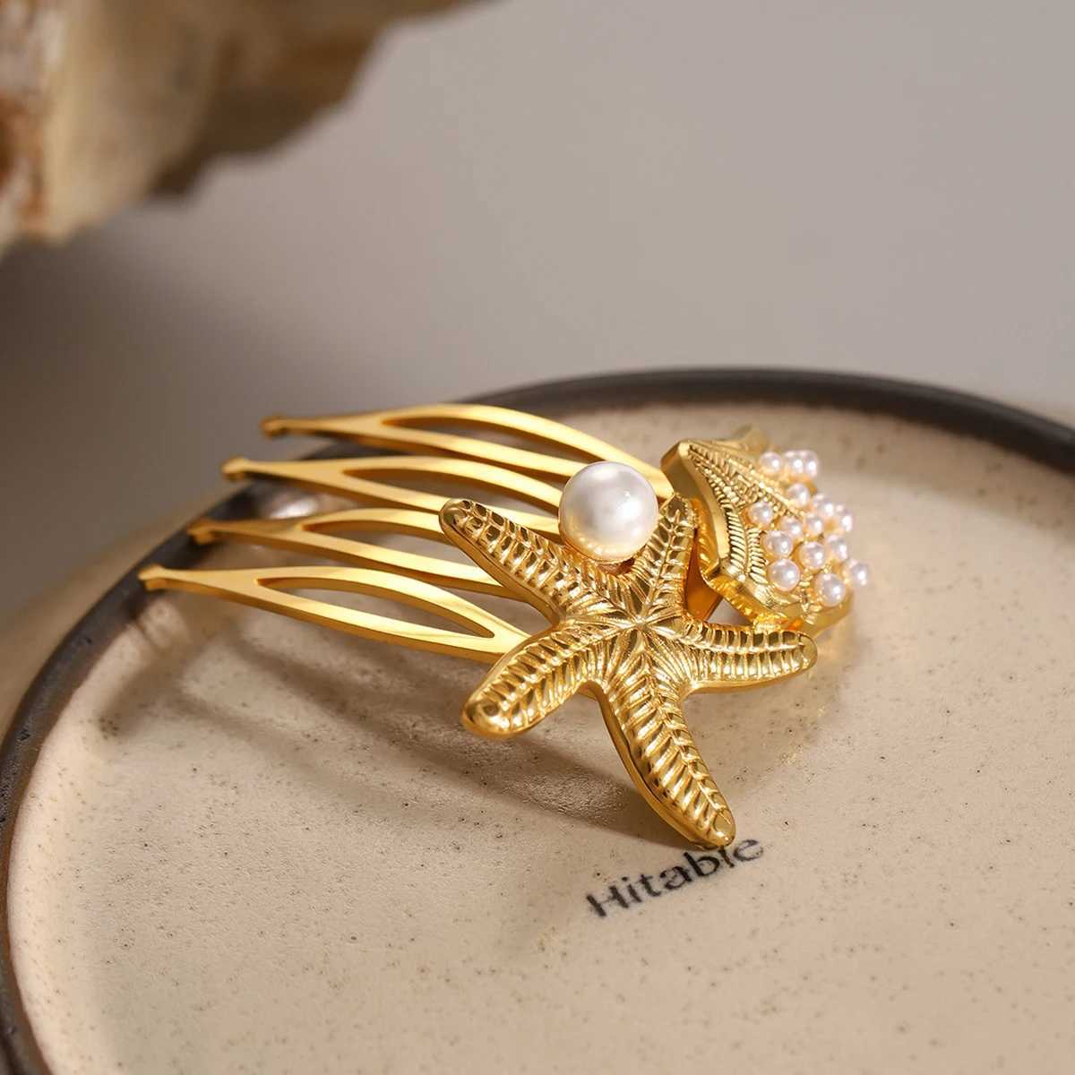 Jewelry poster waterproof metal texture starfish scalp artificial pearl hair clip elegant womens luxury hair accessories travel gifts W241007