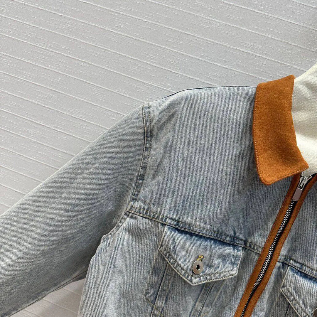 autumn fashion suede trimmed washed denim shorts jacket womens lapel zipper long sleeved pocket retro jacket 240925