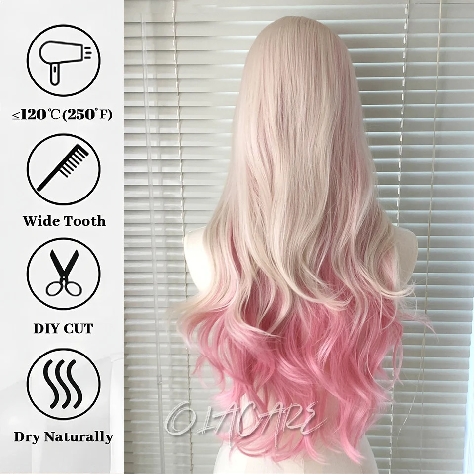 OLACARE Curled Long Wave Pink Blonde Highlight Synthetic Hybrid Wig with Fluffy bangs Suitable for Womens Daily Use 241007