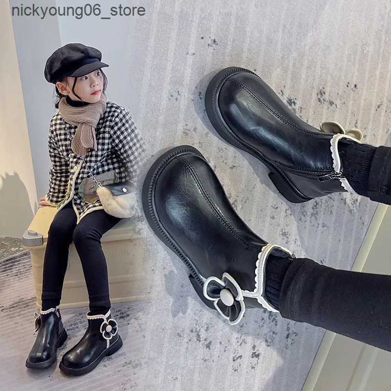 Boots 2-12Years Old Kids Boots Fashion Warm Children Ankle Booties Autumn Winter Girls Flowers PU Leather Shoes Footwear Black Beige L240910