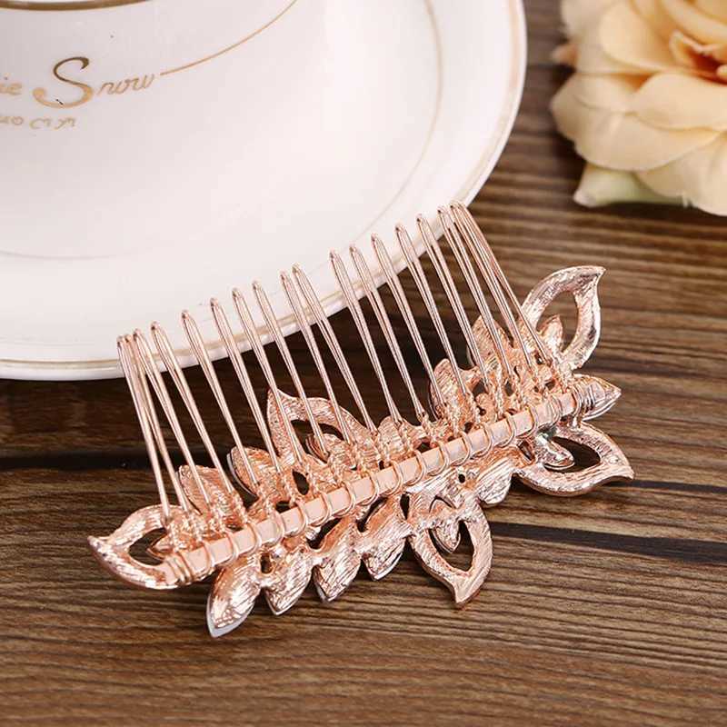 Treazy Rose Gold Color Bridal Hair Combs Headpiece CZ Crystal Pearl Leaf Wedding Hair Accessories W241007