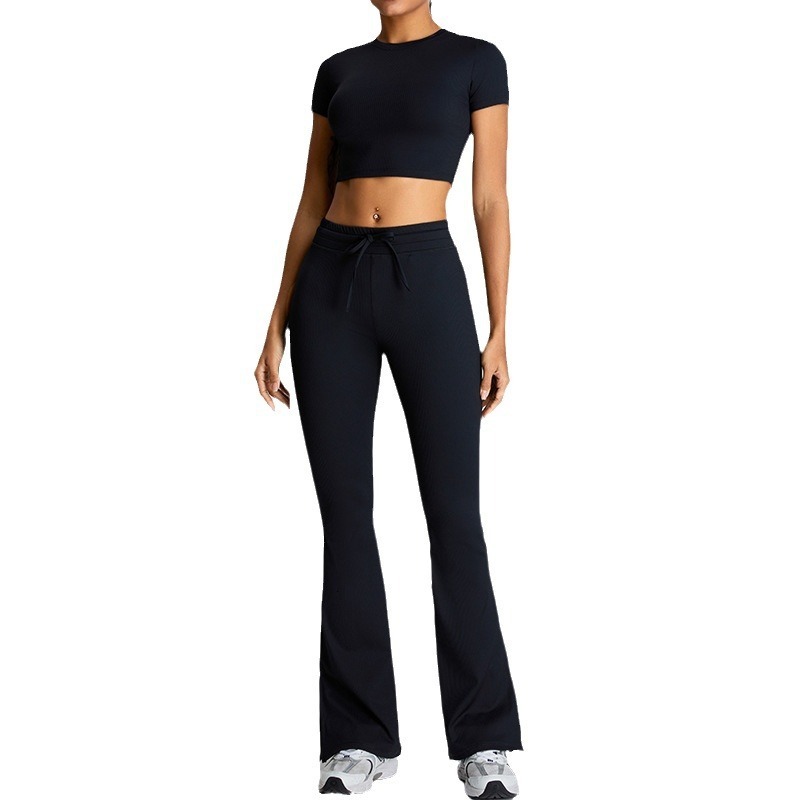 Threaded micro yoga set for women, slim fit and slimming fitness top, split flared pants, skipping exercise suit