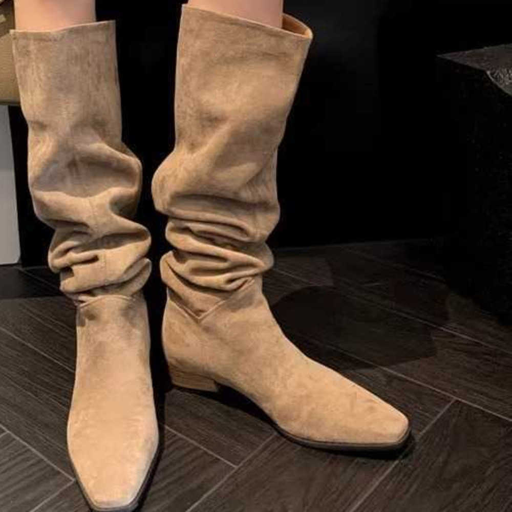 Pile Up Martin Boots Square Toe Thick Fashion Boots Knees Long Tube Boots Womens Knight Boots Slim Tall Western Cowboy Boots 240826