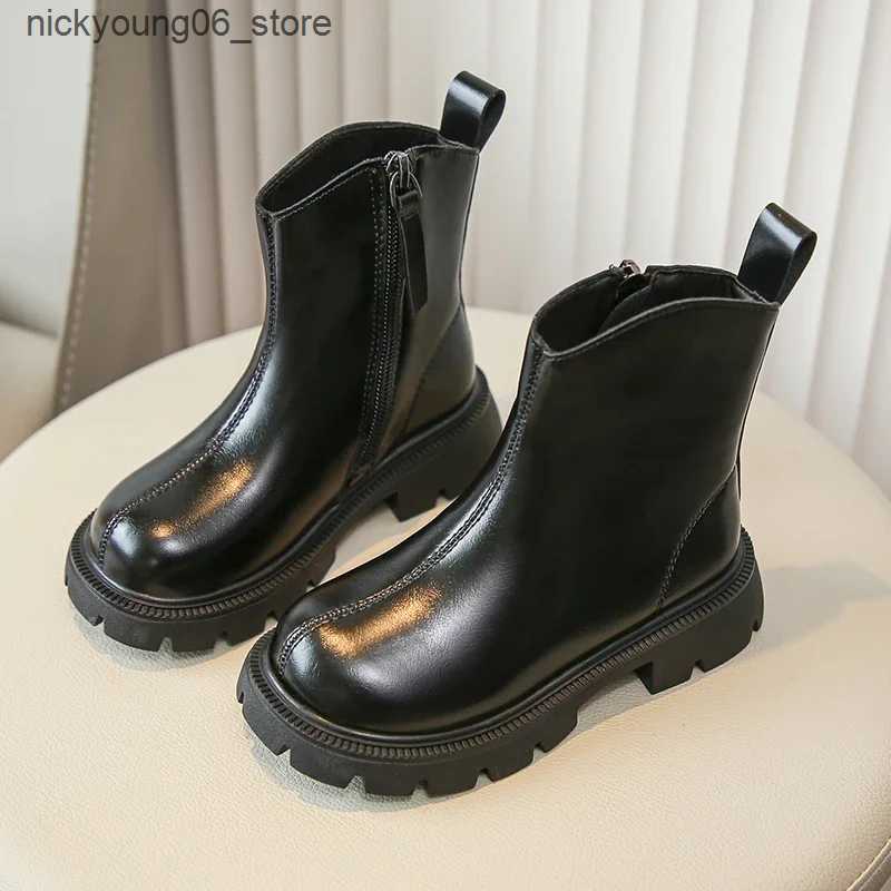 Boots Girls Ankle Boots Side Zipper Children Fashion Leather Boots Non-slip Kids Black Short Boots Anti-Slippery 2024 Winter New L240910