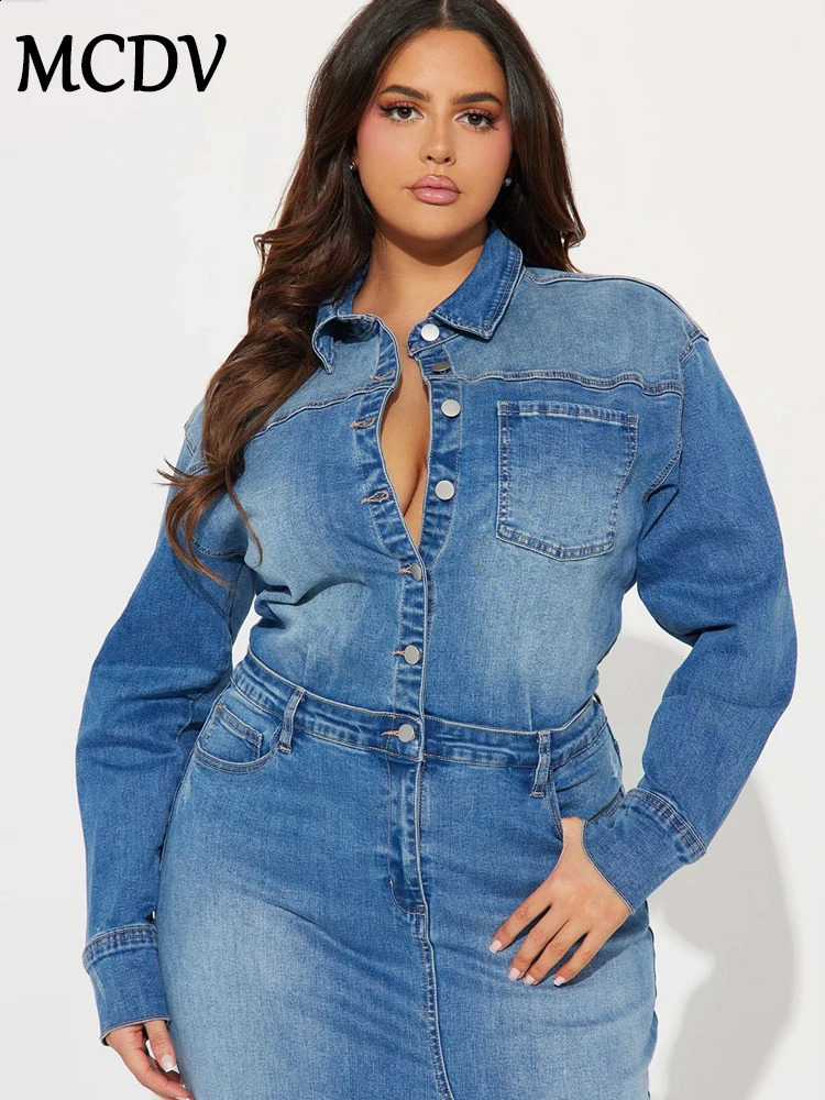 MCDV denim split style womens long skirt autumn sleeved single chest pocket dress with lapel office jeans 241007