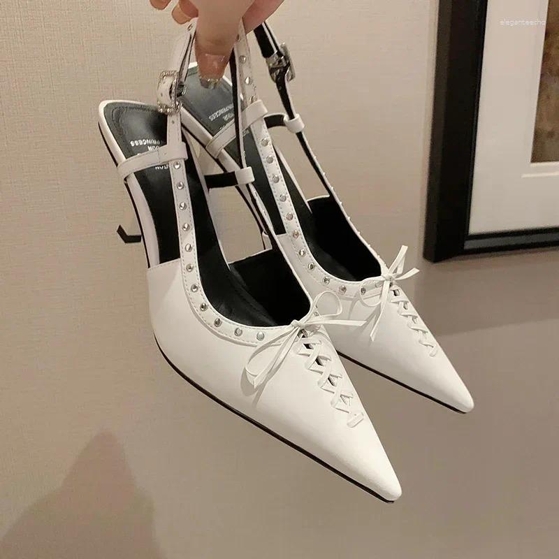 2025 S Fashion Designer Sandals Summer Women Natural Leather Shoes Cm Cowhide Sheepskin Pointed Toe Rivet Bow Back Loop High Heel