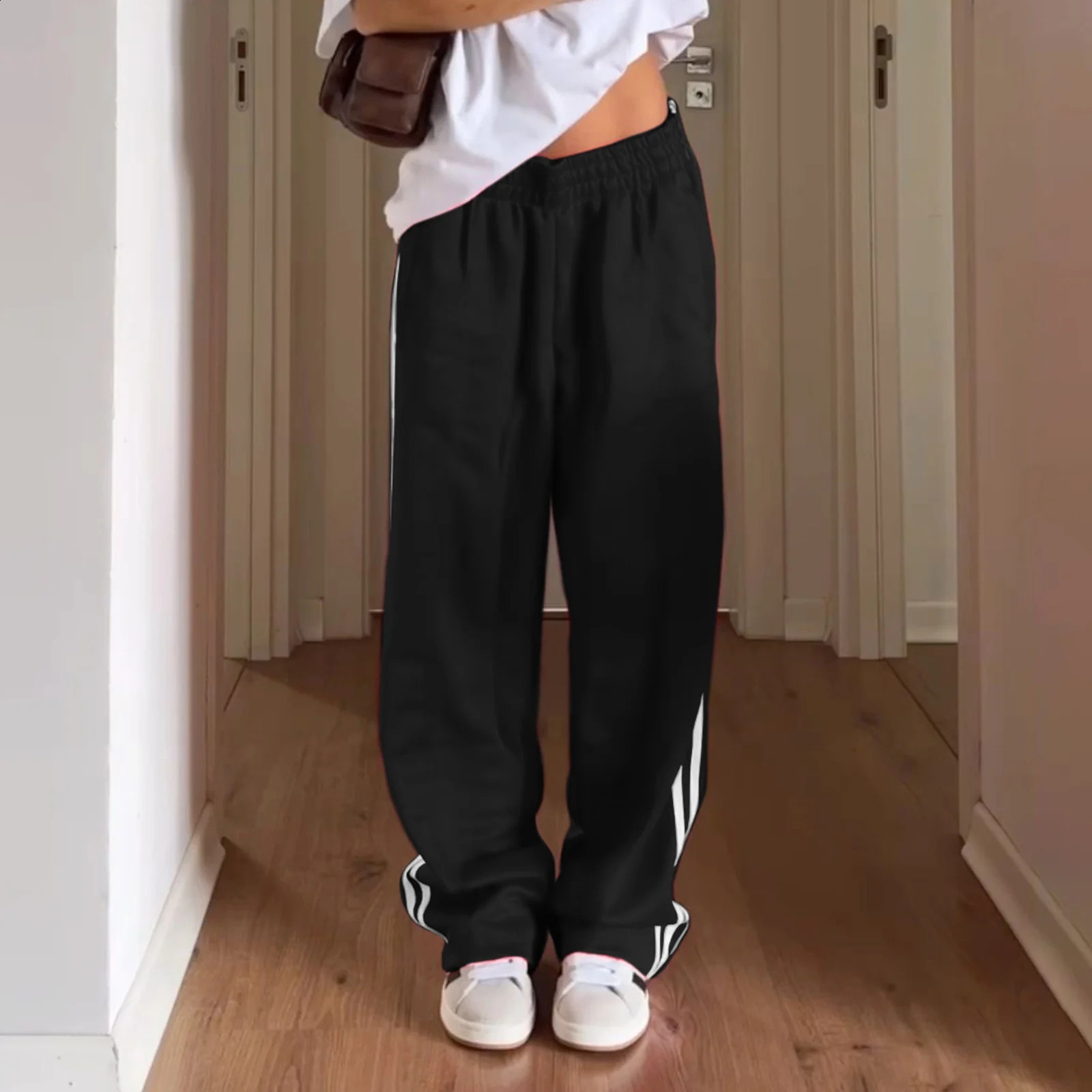 Women Y2k Wide Leg Track Pants Baggy Striped Joggers Sweatpants Elastic Waist Color Block Parachute with Pockets 241007