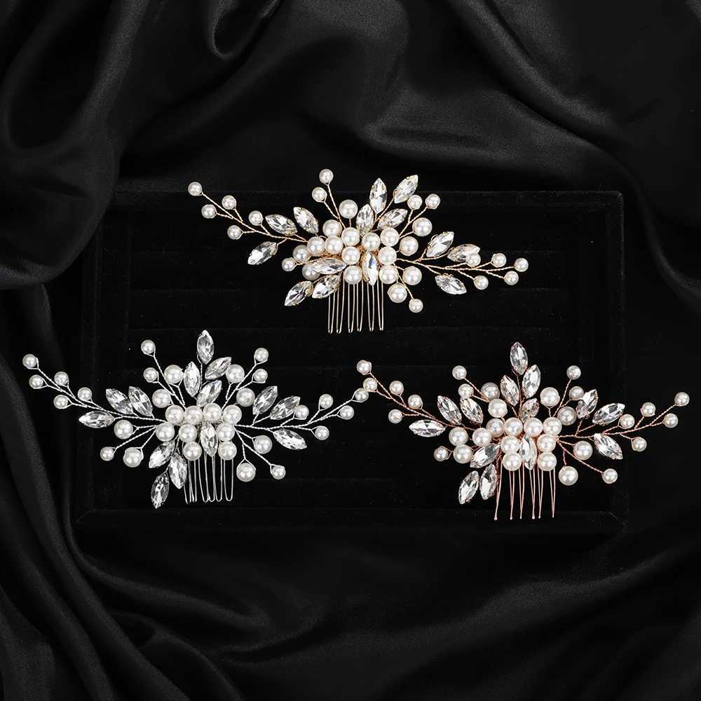 Fashionable rhinestone wedding hair comb silver gold pearl bridal headwear party headwear jewelry handmade womens headwear W241007