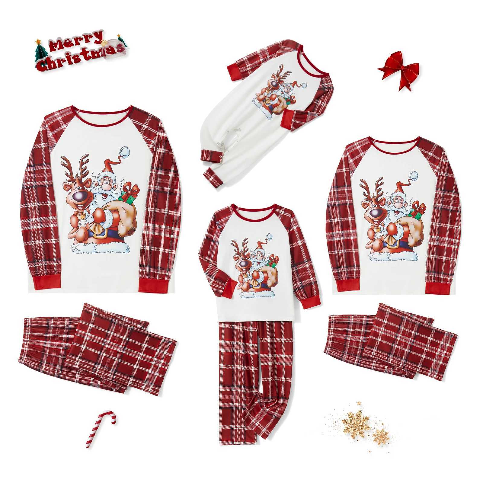 Family matching Christmas pajamas deer Santa Claus printed long sleeved top+checkered pattern Trouser pajamas set W241008