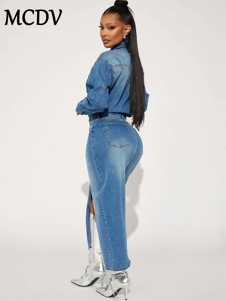 MCDV denim split style womens long skirt autumn sleeved single chest pocket dress with lapel office jeans 241007