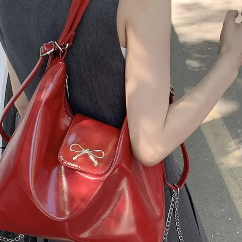 Fashionable bow wine red single shoulder cross body bag trendy fluent base armpit coin wallet solid version womens handbag 241008