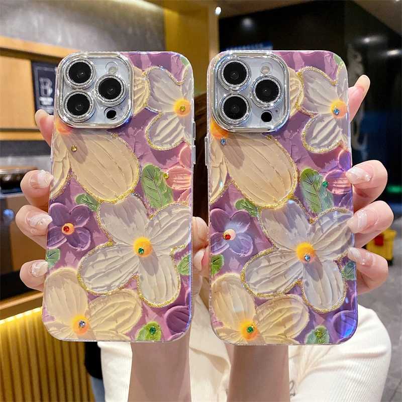 Luxury Fashion Purple Flowers Laser Phone Case For iPhone 16 Pro Max 15 14 13 12 11 Glitter Diamond Soft Shockproof Bumper Cover Z250122