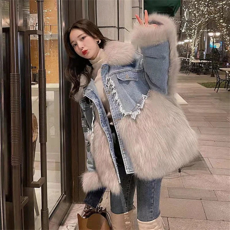 2024 Autumnwinter Faux Fur Parka Coat with Thick Fleece Denim Jacket for Womens Clothing 241008