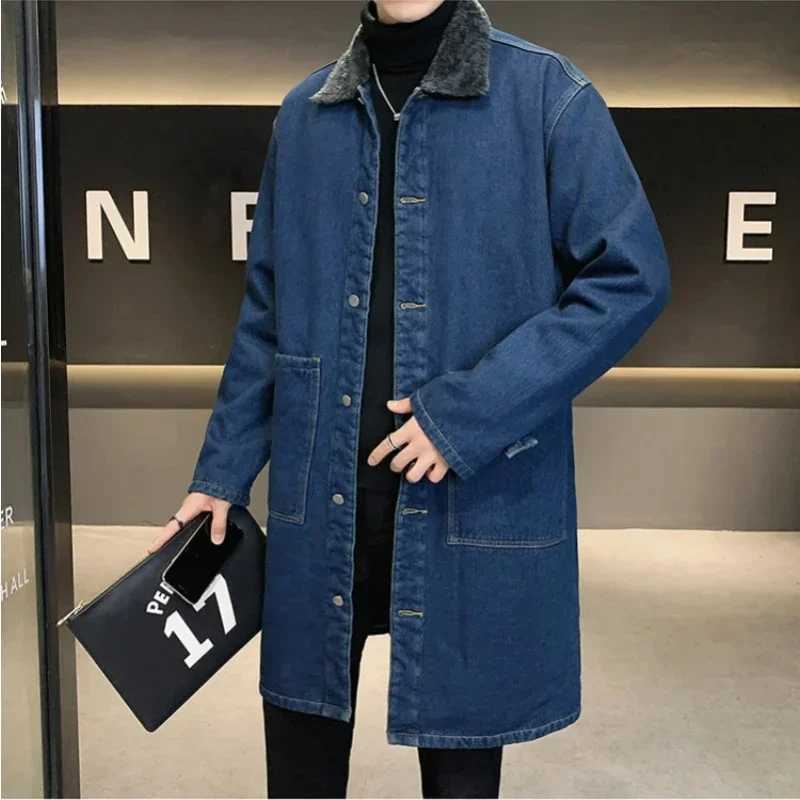 Mens denim trench coat large-sized cashmere and wool thick autumn and winter hot coat medium length ZL87 W241007