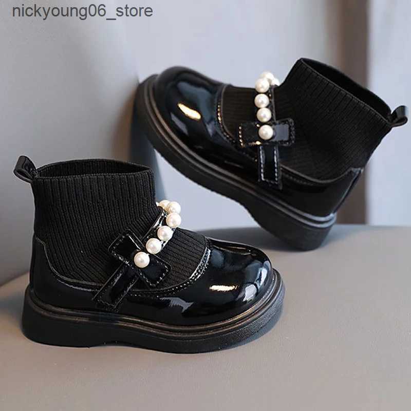 Boots Fashion Pearl Knit Splicing Girls Ankle Boots Soft Bottom Kids Casual Shoes Princess Slip-on Children Boots Baby Sports Sneakers L240910