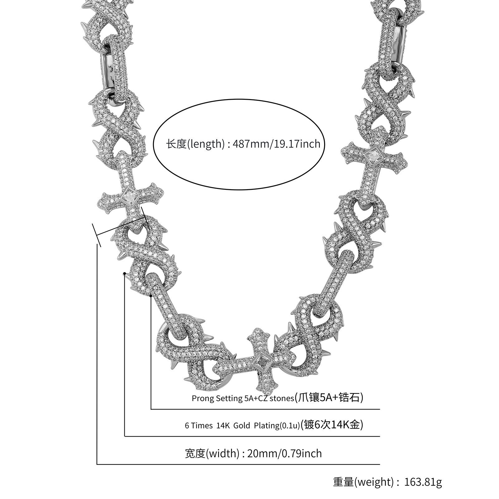 Hip Hop 8-shaped Thorn Cross Cuban Link Chain Necklace Bling Full Cubic Zirconia Iced Out Diamond Personalized Mens Necklaces Choker Bracelet Accessor