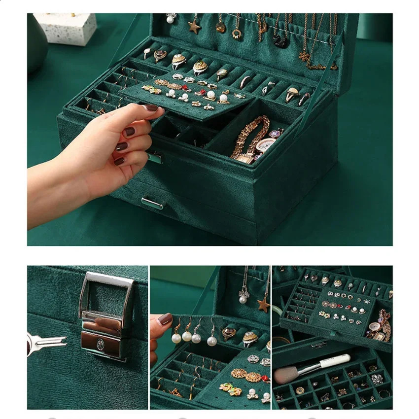 3-layer green velvet jewelry organizer large capacity ring necklace makeup stand with lock womens jewelry box 241007