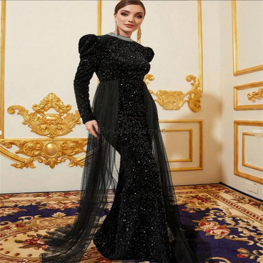 Glitter Black Mermaid Prom Dresses With Train Elegant Mermaid Sequin Evening Dress Dubai Abaya Muslim Formal Occasion Birthday Dress Beaded Open Back 