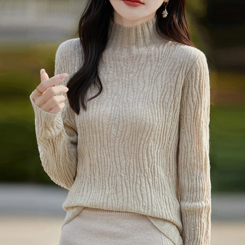 Turtleneck Sweater Womens Long Sleeve Knitted Fashion Agent Stripe Ultra Thin Autumn Winter Plain Collar Zipper 241007