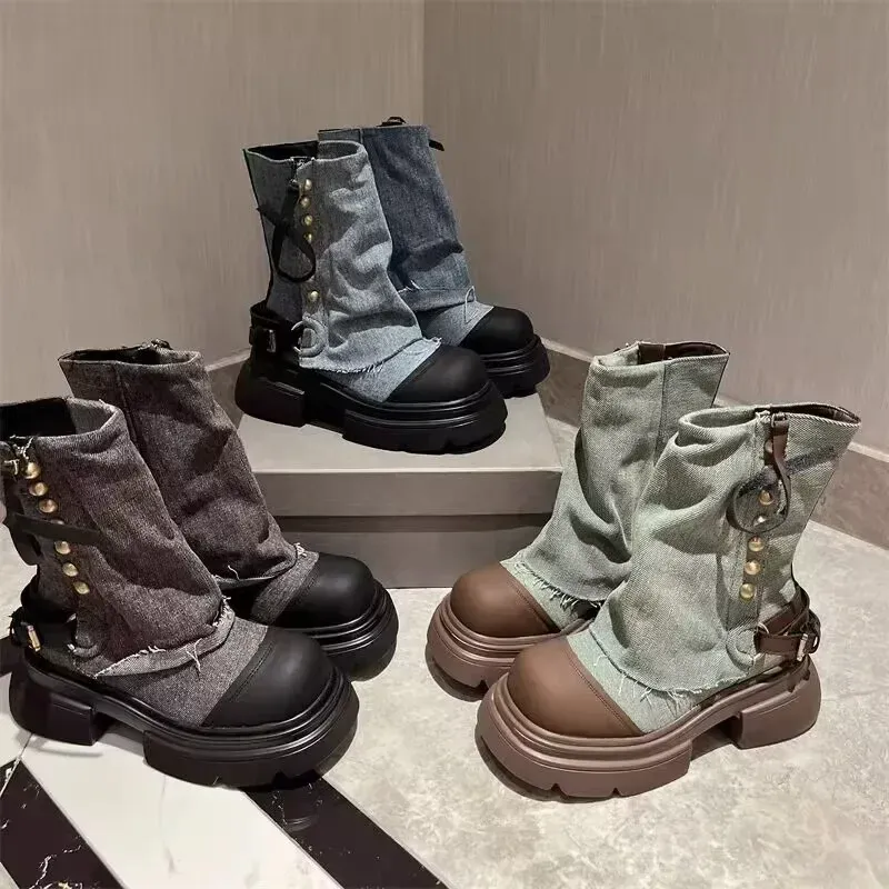 Designer Women Ankle Boots Fashion Slip On Thick Bottom Platform Shoes Ladies Elegant Morder Short Booties 2024
