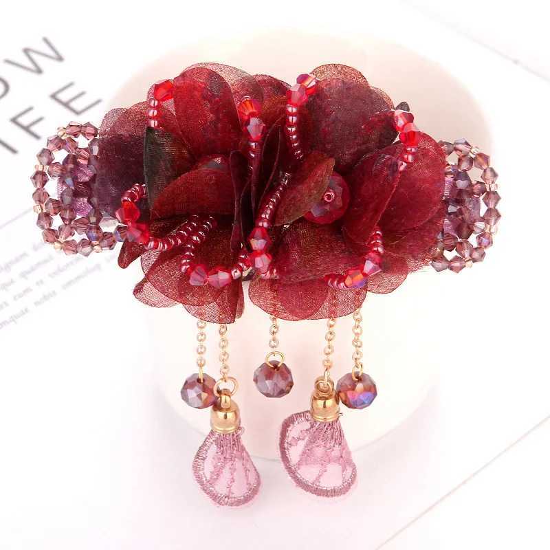 Fashionable and elegant linen flower tassel hairpin female hairpin retro back spoon spring clip crystal headdress jewelry gifts W241007
