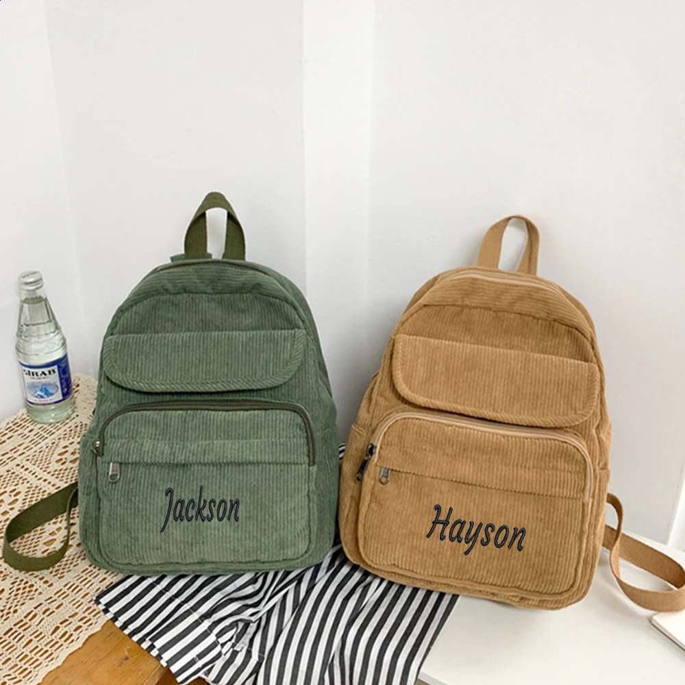 Customized Corduroy Backpack Personalized Embroidery High School Student Retro Minimalist Lightweight Girl Outdoor 240925