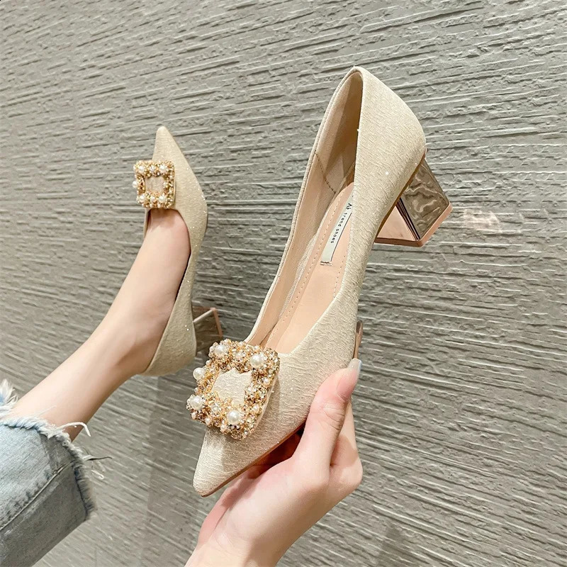 High Heels Womens Spring Korean Edition Pearl Rhinestone Pointed Toe Shallow Mouth Womens Pump Zapatillas De Mujer 240925