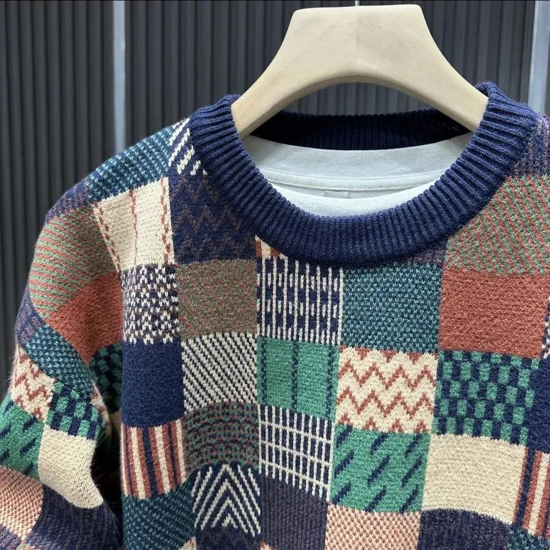 European loose casual checkerboard round neck long sleeved sportswear 2024 autumn and winter new item with plush warm men's shirt