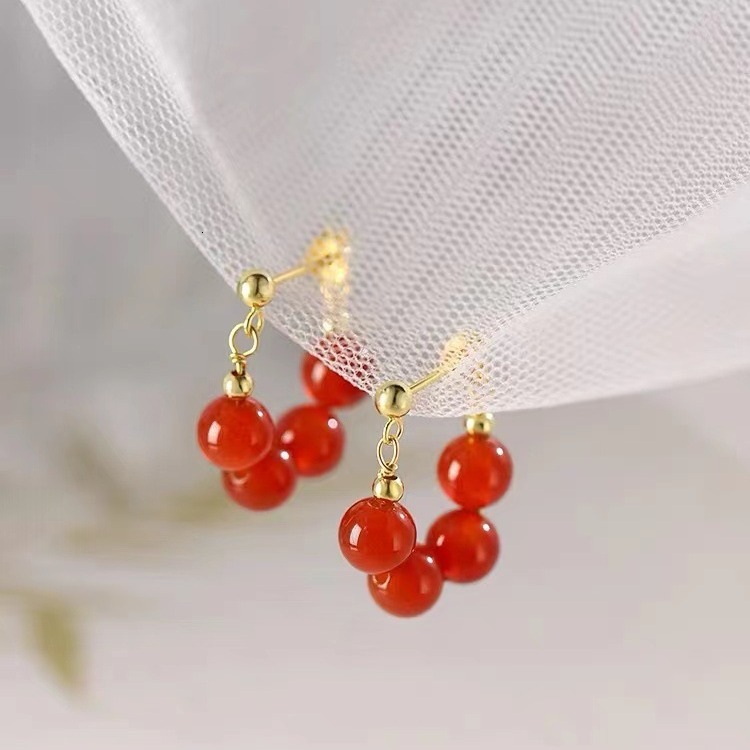 Pure sier needle red bead earrings for female niche, light New Year earrings, 2024 new ear accessories