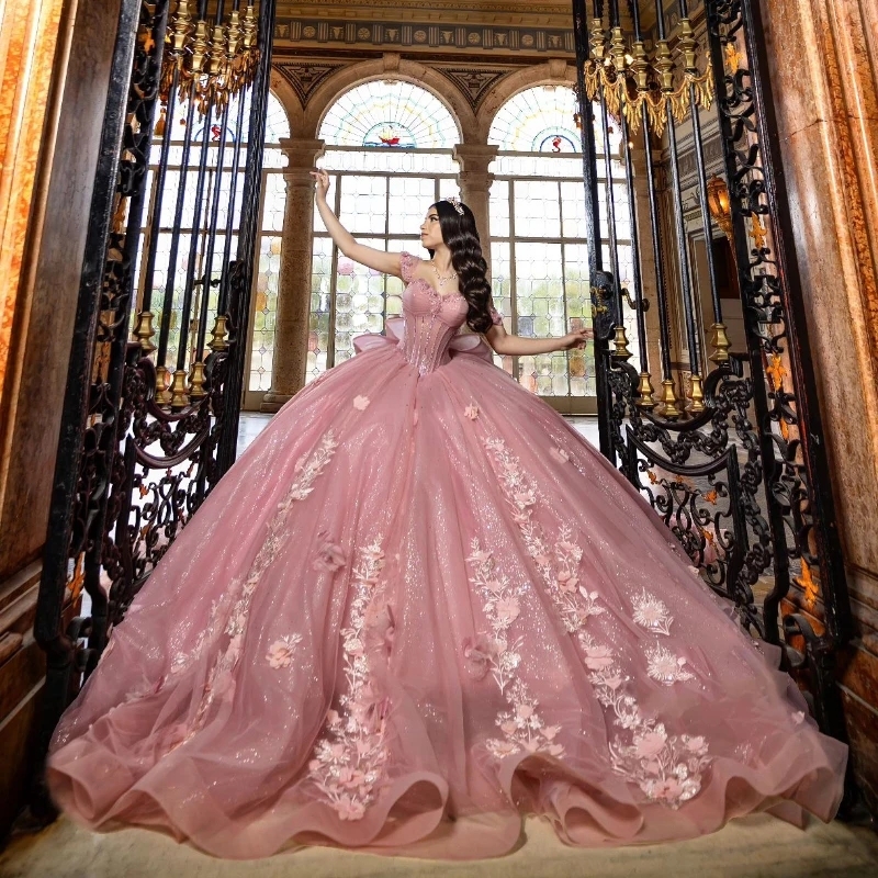 Pink Shiny Sweetheart Quinceanera Dresses Applique Lace Flower Beads Off The Shoulder Puffy Party Dress Ball Gown Vestidos De 15 Anos