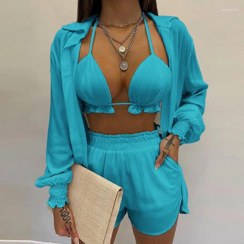 Women's Tracksuits Bathing Suit Shorts Cover Up Summer Three Pieces Swimwear Women Sexy Beachwear High Waist Bikini Set Print Swimsuit