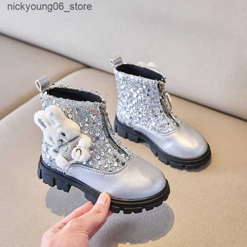 Boots 2024 Children Leather Shoes for Girls Autumn New Fashion Cute Rabbit Soft Anti-slippery Glitter Versatile Front Zip Short Boots L240910