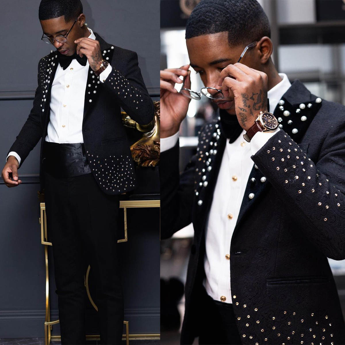 Handsome Wedding Suits Peaked Lapel Jacket 2 Piece Set Pearls Rheinstone Men's Tuxedo Tailored Dinner Prom Groom Blazer Custom Made(Coat+Pants)
