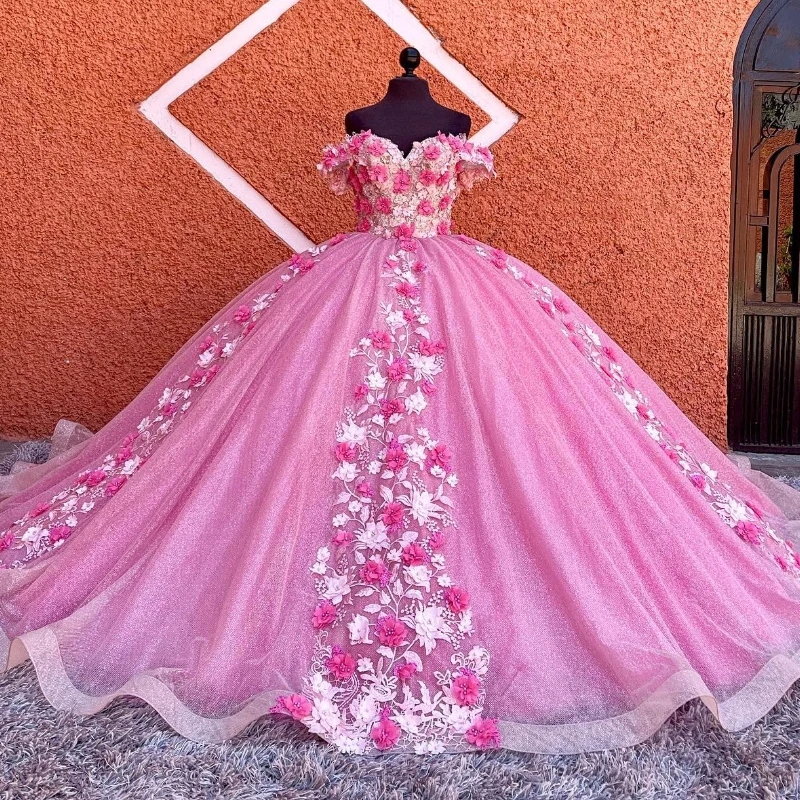 Pink Shiny Luxury princess Quinceanera Dresses 3D Floral Applique Tull Off Shoulder Bustle Corset Vestidos De 15 Anos Sweet 16 Dress