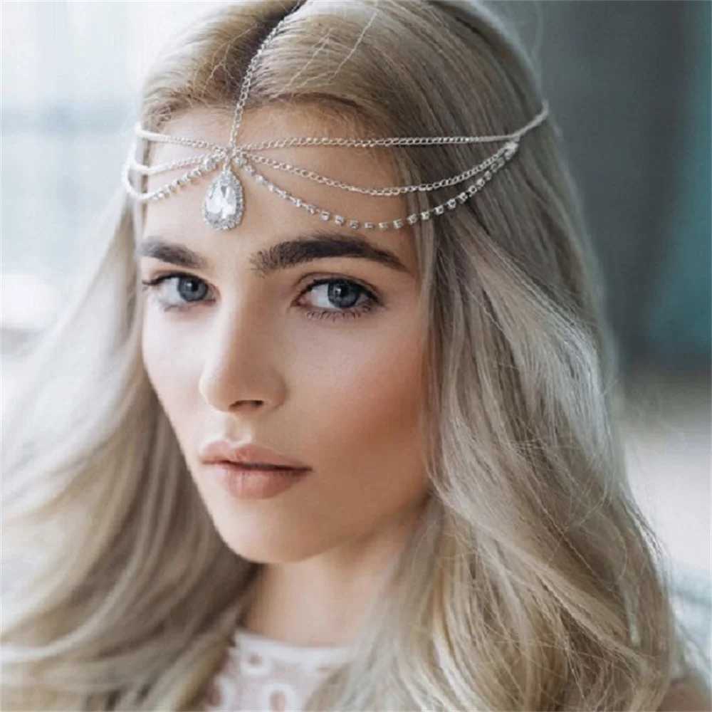 Crystal front eyebrow pendant headwear European and American bride waterdrop headband chain Bohemian country headband styling tool W241007