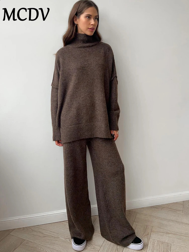 MCDV Autumn/Winter Knitted Two Piece Pants Set Womens Turtle Neck Loose Sweater Wide Leg Pants Matching Pajamas 241007