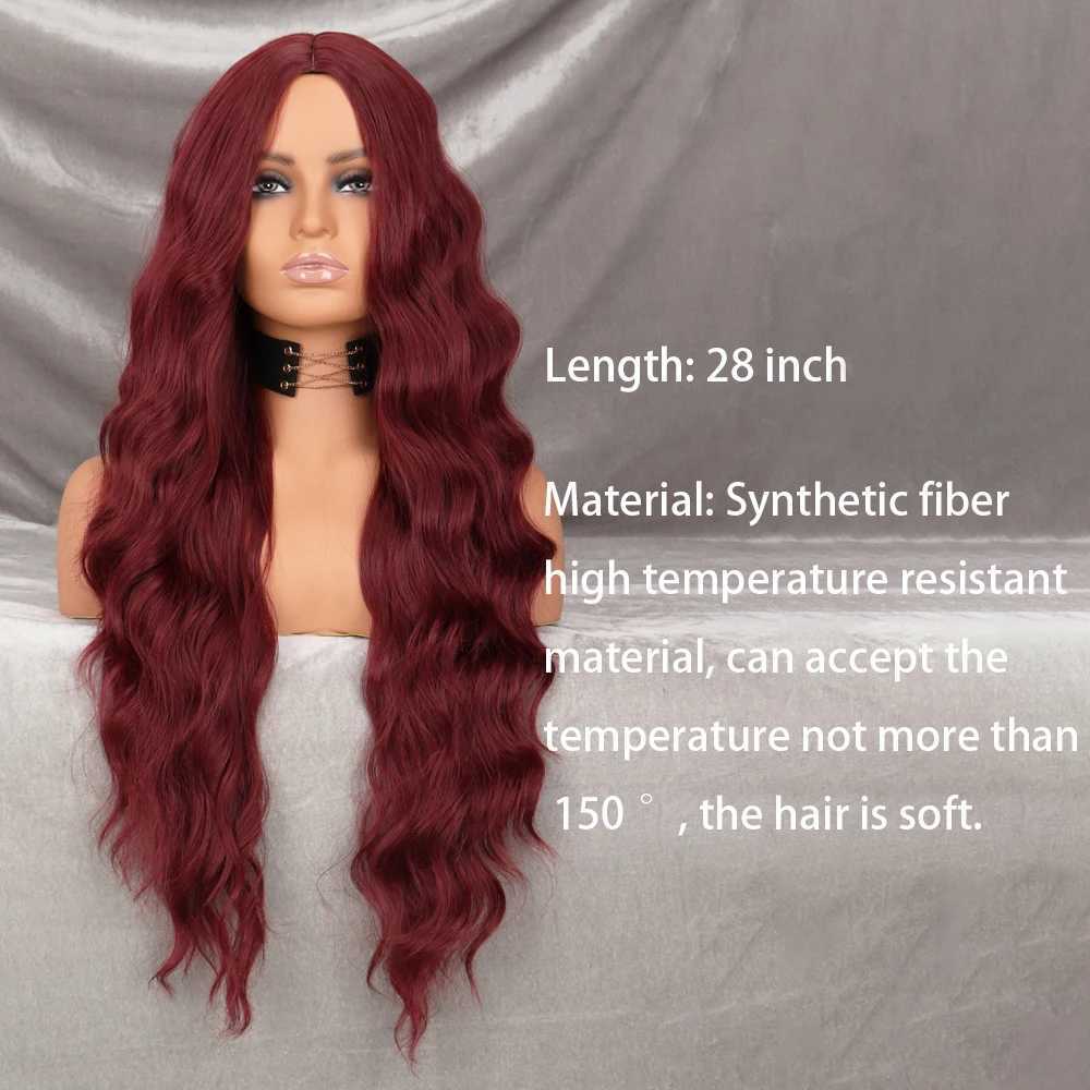 Long Wavy Wine Red Synthetic Wig Womens Heat-Resistant Natural Half Part Cosplay Party Lolita WigXJ241008