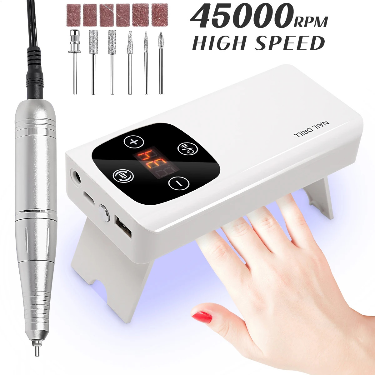 45000RPM Nail Drill Machine 3-in-1 Portable Nail Drill and Dryer Electric Professional Nail Lathe with UV LED Lamp Manicure Care 240927