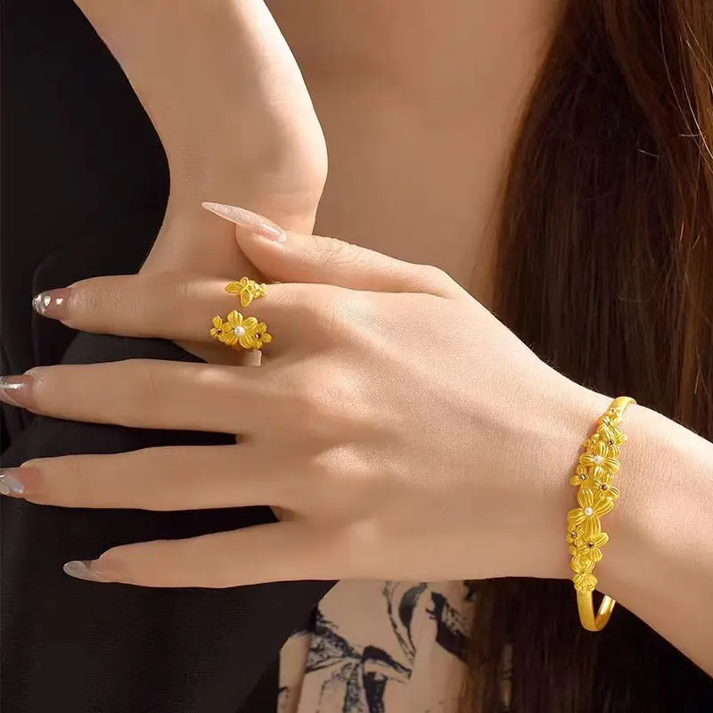 AU999 Gold Flower Bracelet Ring Set High end Inlaid Pearl Bracelet 24K Pure Gold Womens Fashion Temperature Jewelry 240924